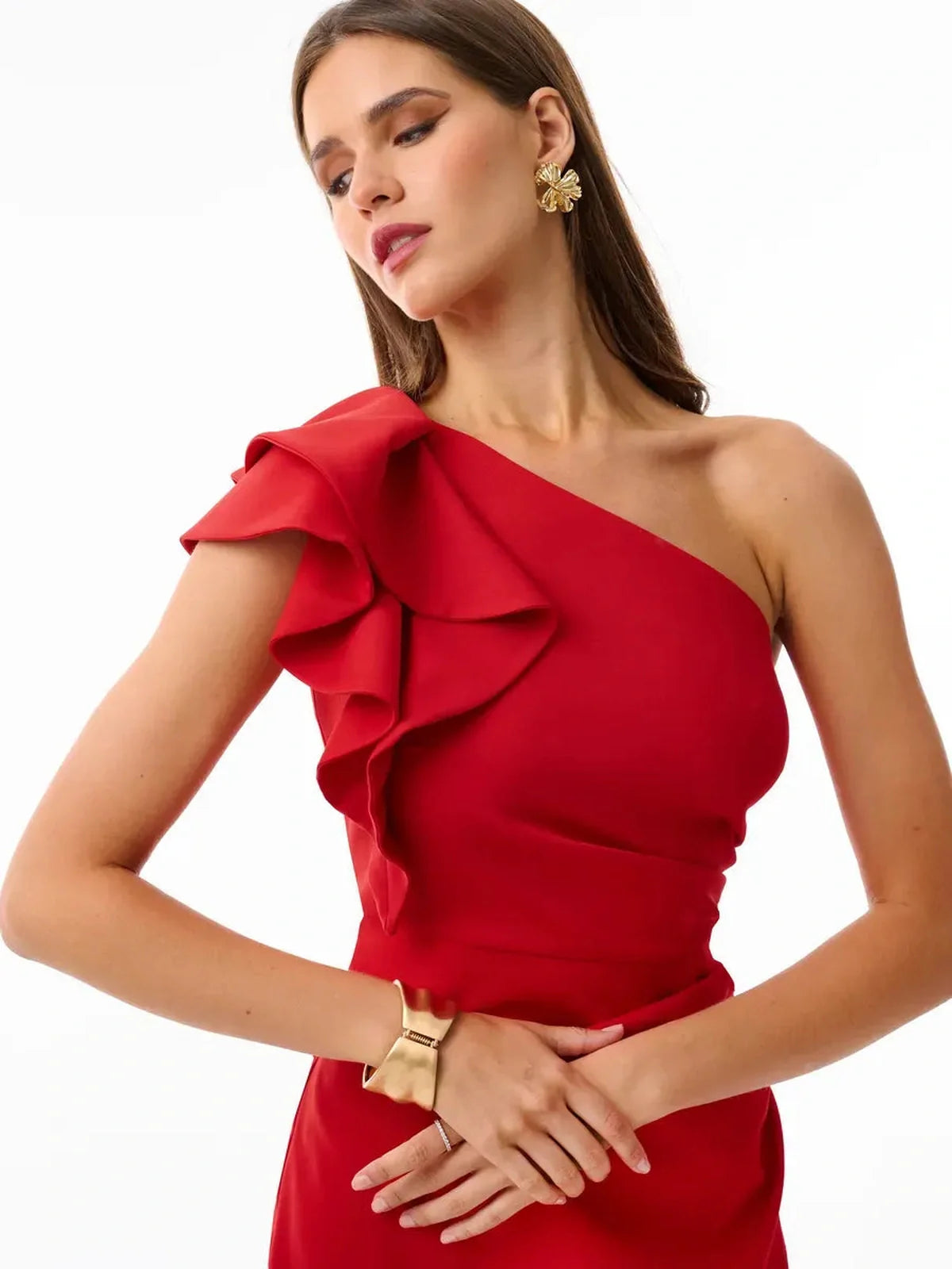 Ivy Midi Dress by Lauven, one-shoulder red elegance with cascading ruffles and refined tailoring.