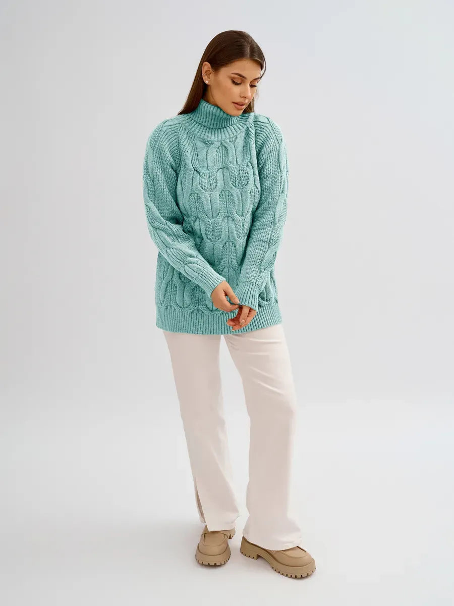 Laguna Sweater by Lauven - Oversized Cable Knit with High Neck in mint green, perfect for stylish layering.