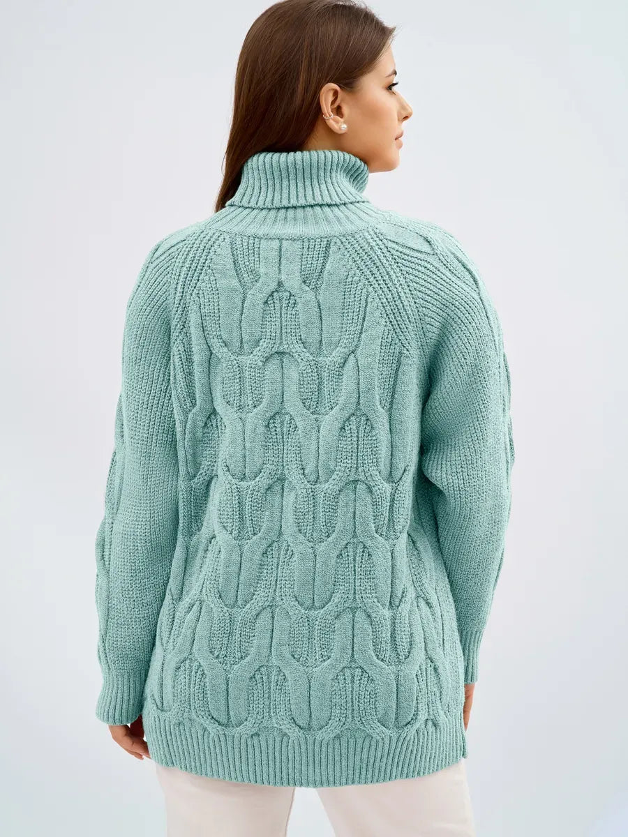 Laguna Sweater by Lauven in mint green with oversized cable knit and high neck, perfect for layering.