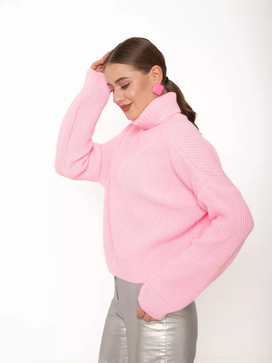 Blossom Pullover by Lauven, oversized light pink knit sweater with high neck collar.