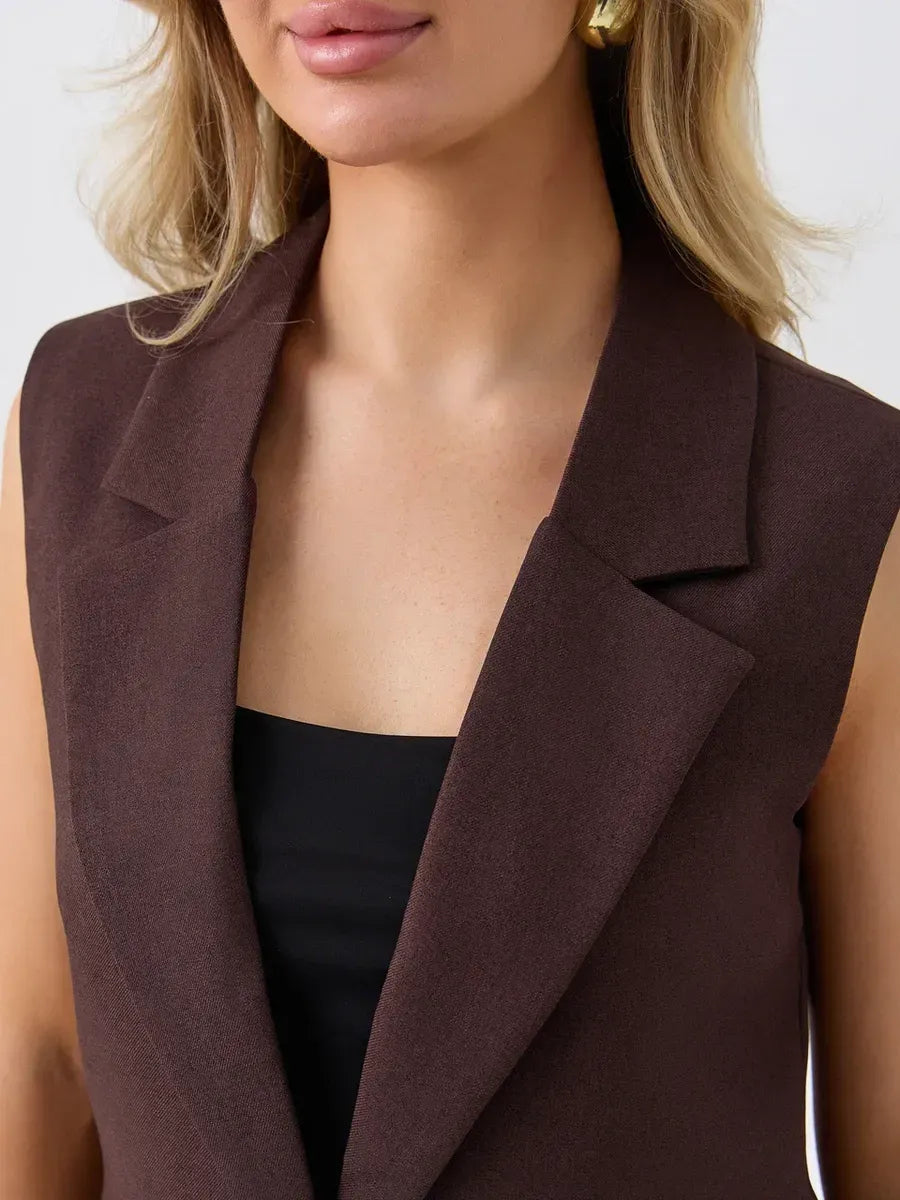 Cacao Suit Set by Lauven - Sleeveless chocolate vest front detail, perfect for a chic, modern look.