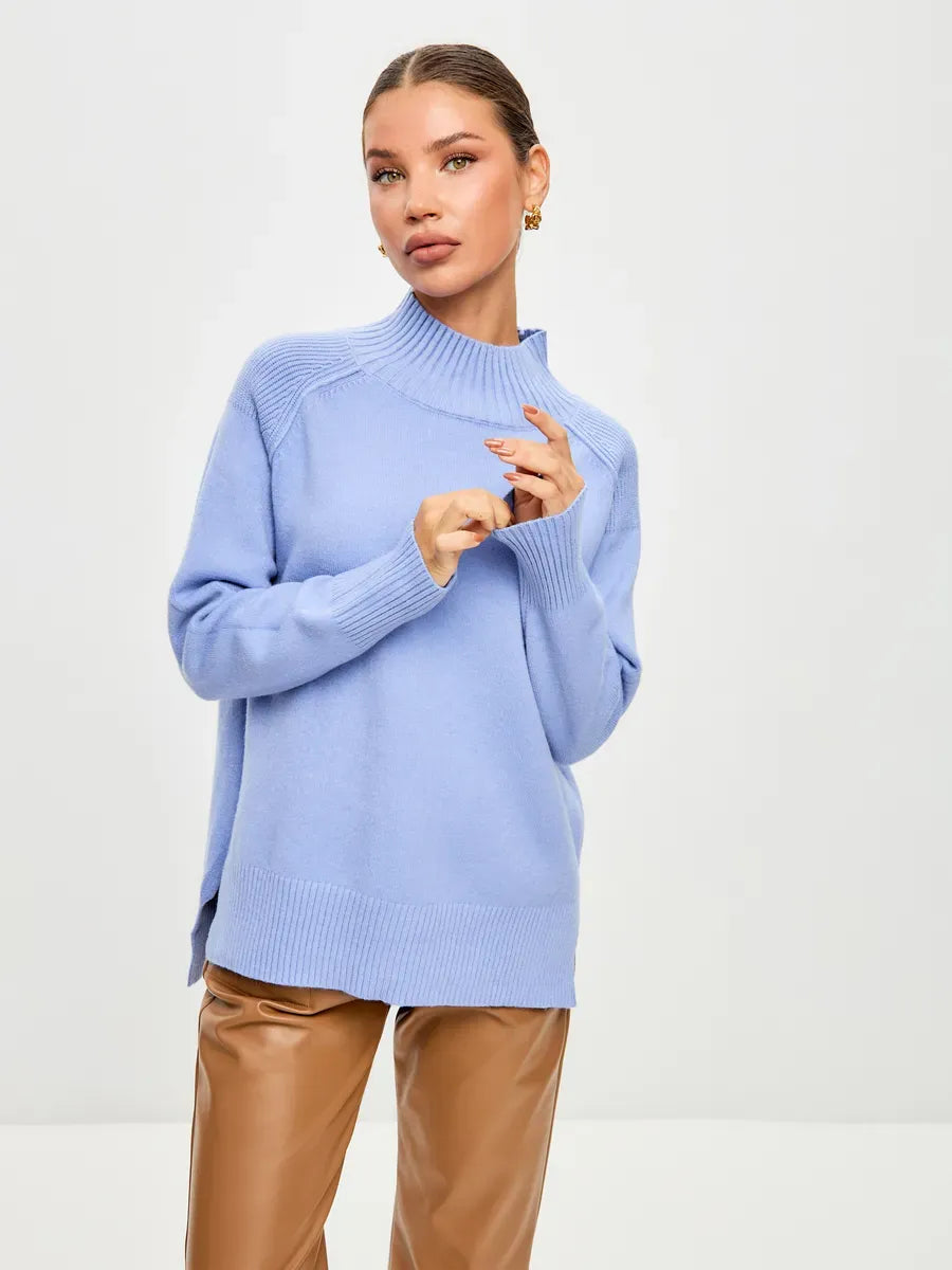 Celeste Sweater by Lauven, oversized cashmere blend in soft blue worn stylishly.