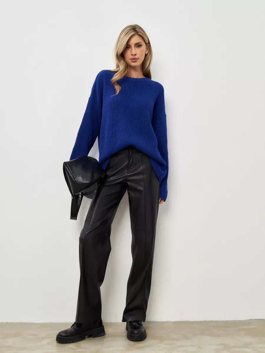 Celeste Sweater by Lauven in oversized electric blue knit, styled with black leather pants for a chic look.