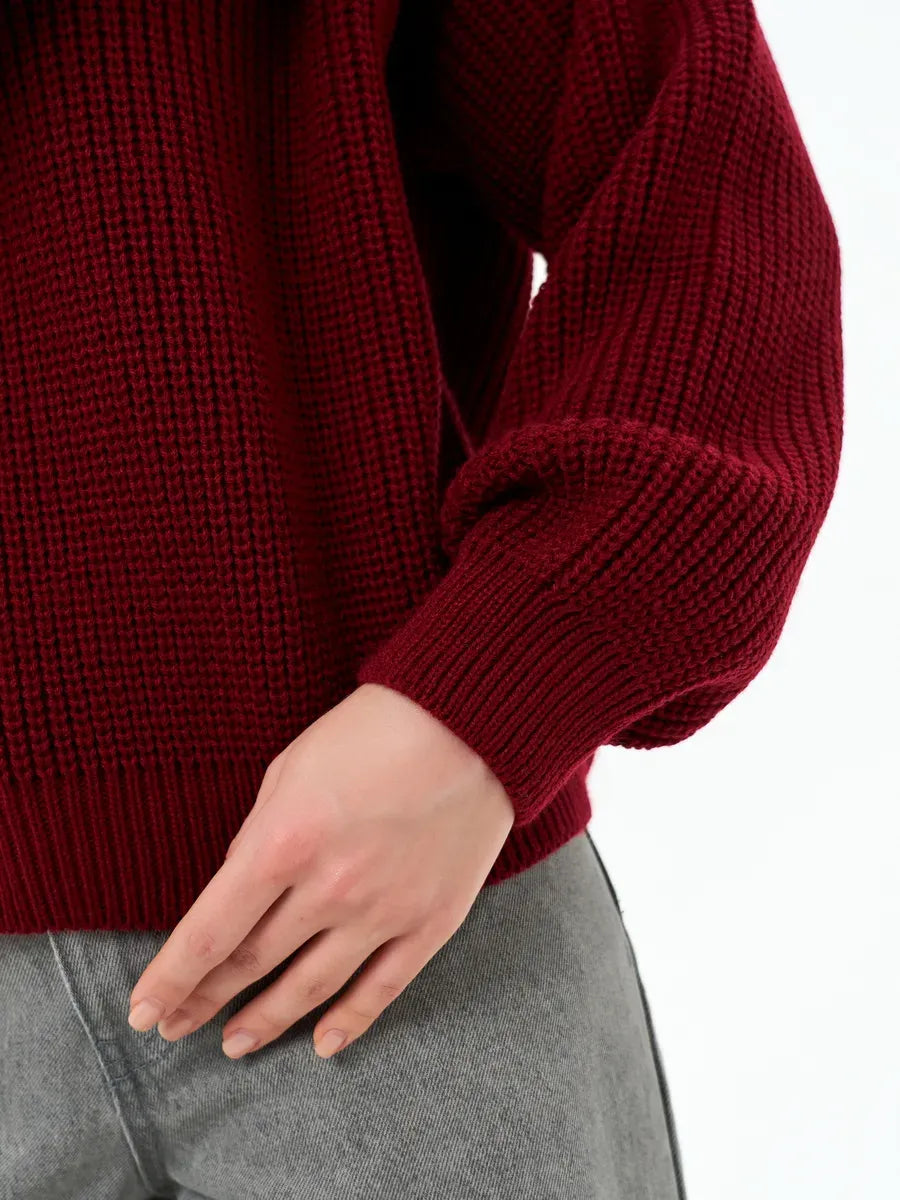 Crimson Charm Sweater by Lauven, oversized knit in deep burgundy showcasing relaxed silhouette and textured design.