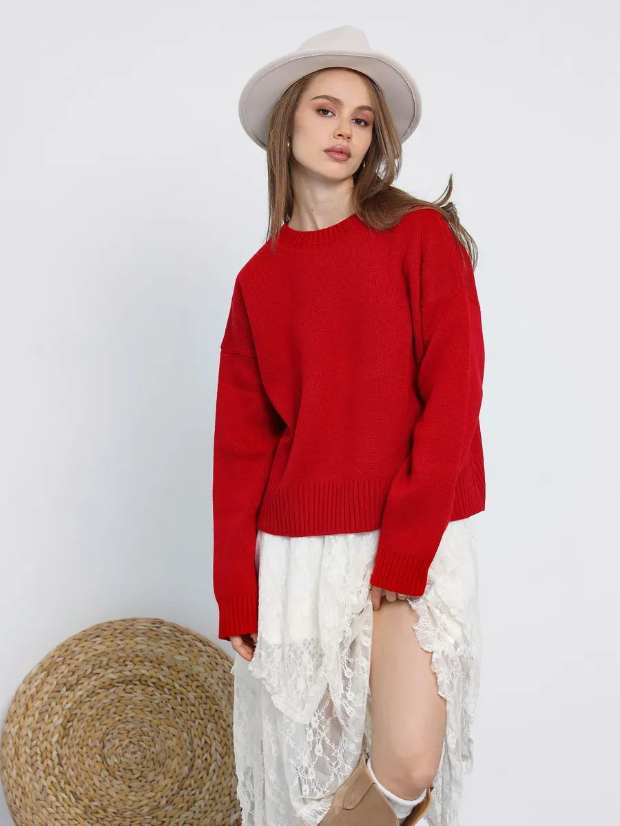 Ember Pullover by Lauven - Oversized cropped women's sweater in bold red for everyday comfort.