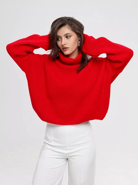 Ember Pullover by Lauven, oversized knit sweater in vibrant red with high neck for modern style and comfort.