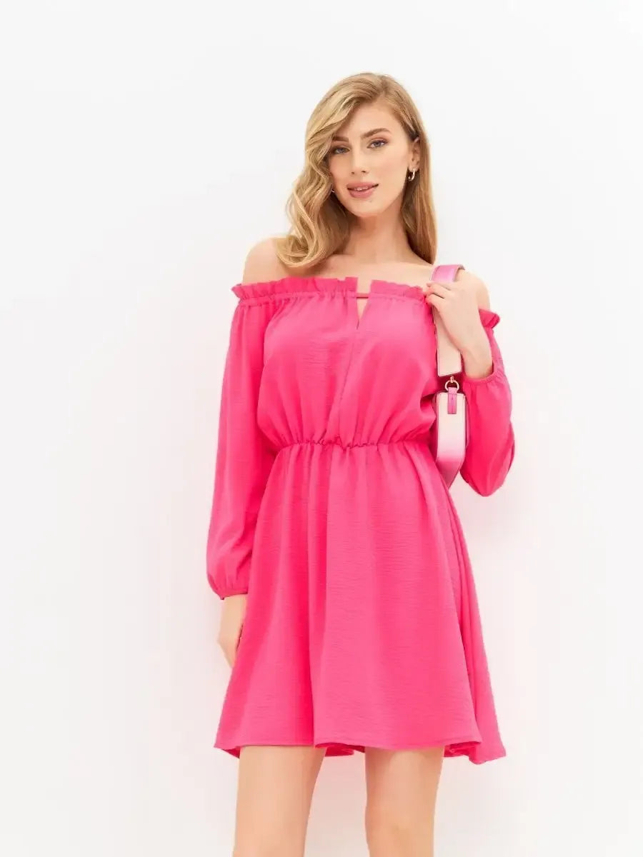 Fuchsia Mini Dress by Lauven - Vibrant off-shoulder pink dress perfect for elegant celebrations.