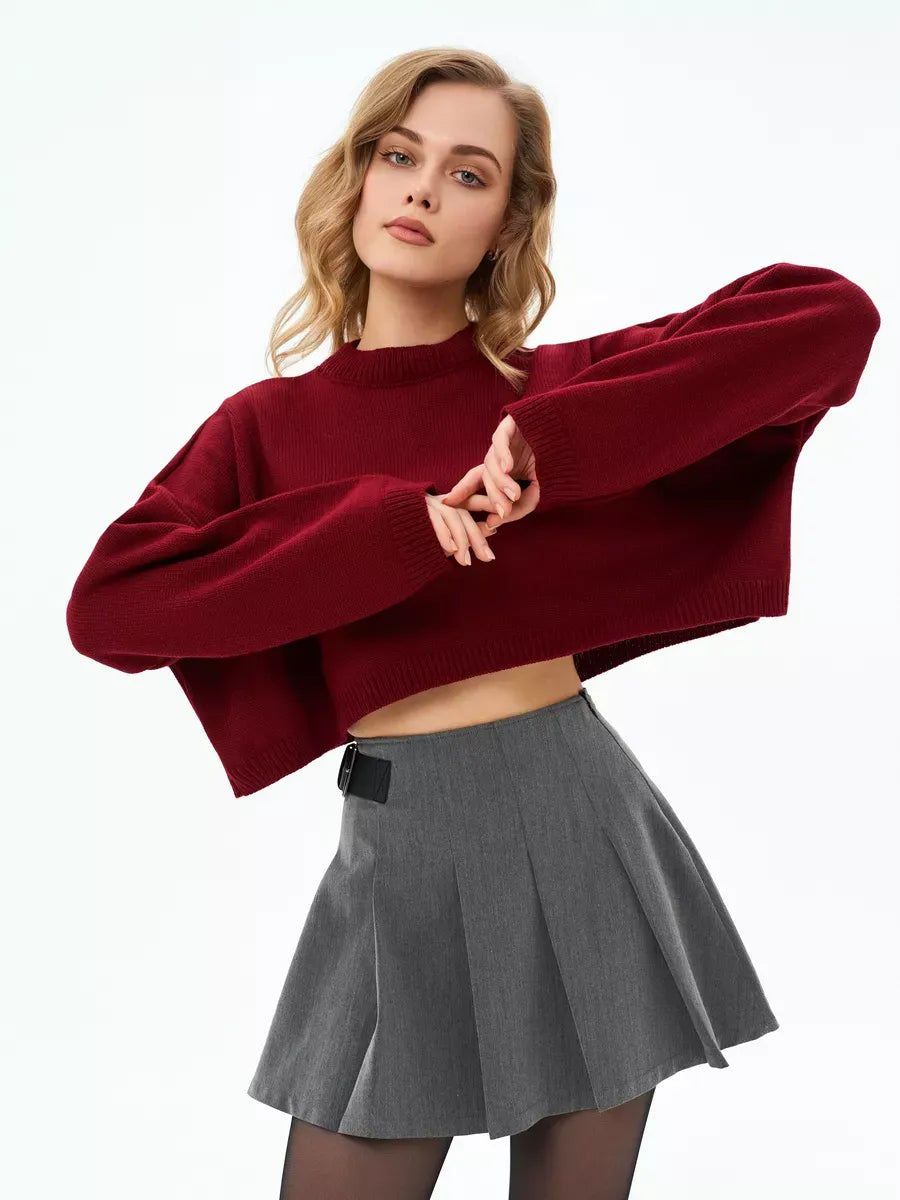 Garnet Sweater by Lauven - Cropped oversized knit in deep burgundy, perfect for stylish and cozy looks.