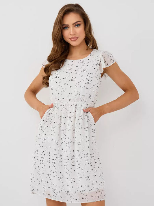 Ivory Mini Dress by Lauven featuring a beautiful ruffle sleeve design and elegant floral print.