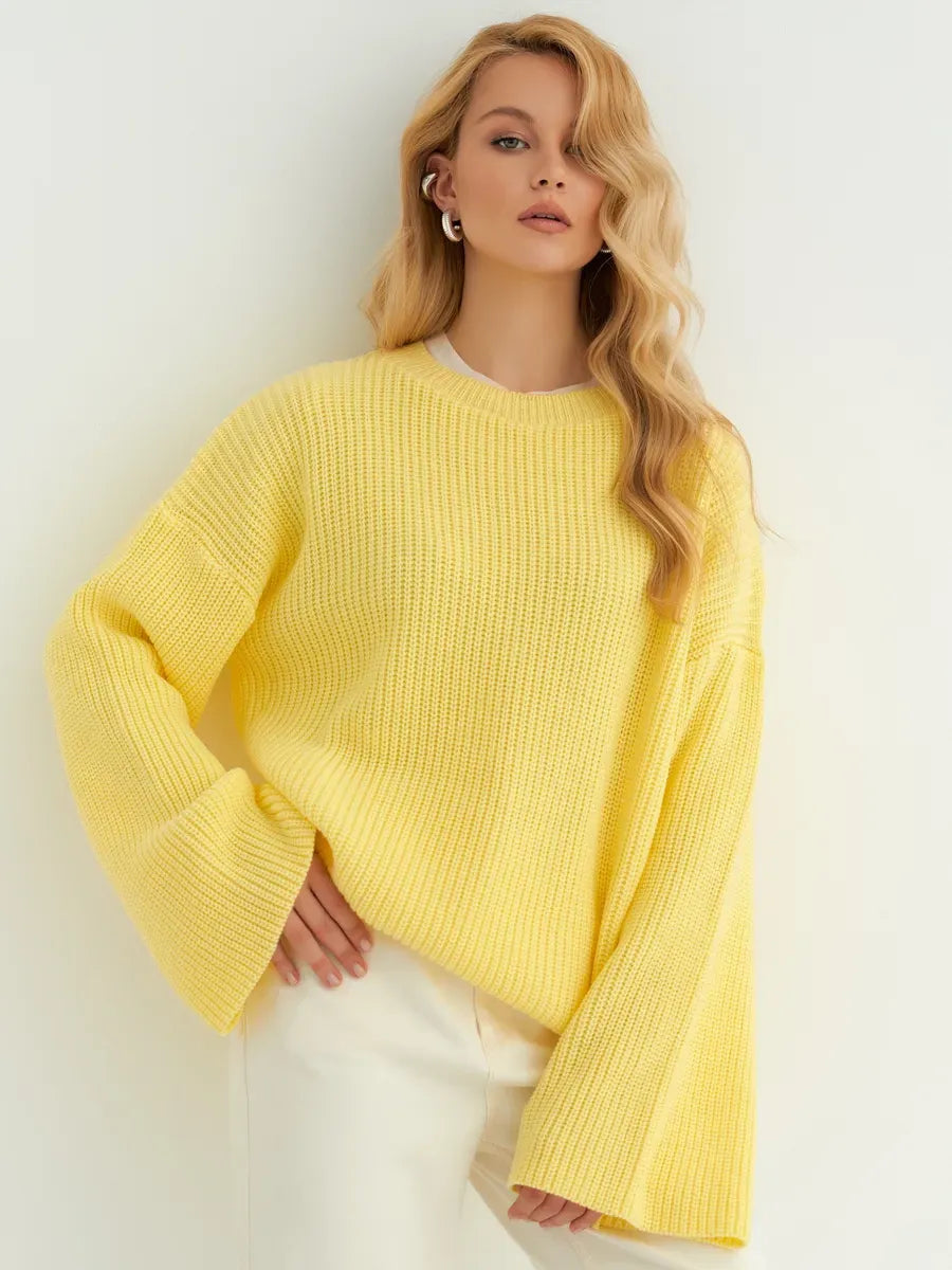 Lemonade Sweater by Lauven in soft lemon yellow with oversized fit and wide sleeves, ideal for casual comfort.
