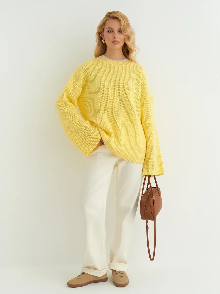 Lemonade Sweater by Lauven in soft lemon yellow, oversized knit with wide sleeves for women's contemporary fashion.