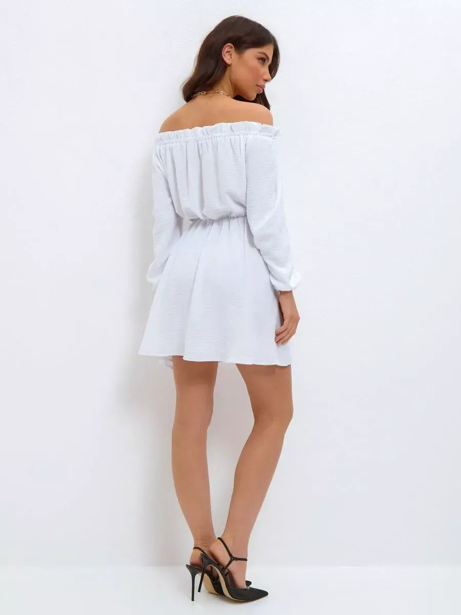 Luna Mini Dress by Lauven, elegant off-shoulder summer dress showcasing a chic design and lightweight fabric.