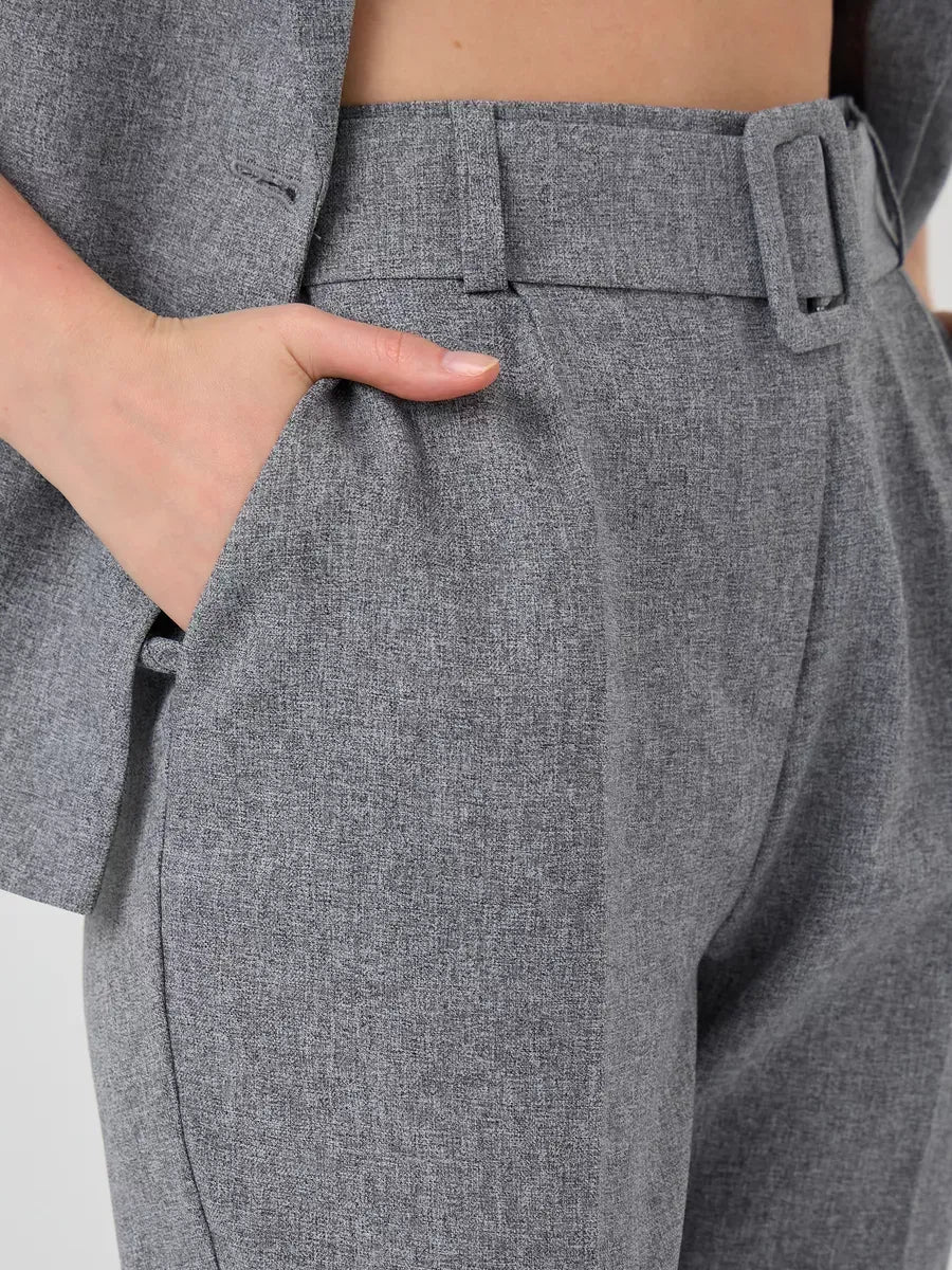 Luna Suit Set by Lauven showcasing stylish gray high-waist pants with tailored belt detail.