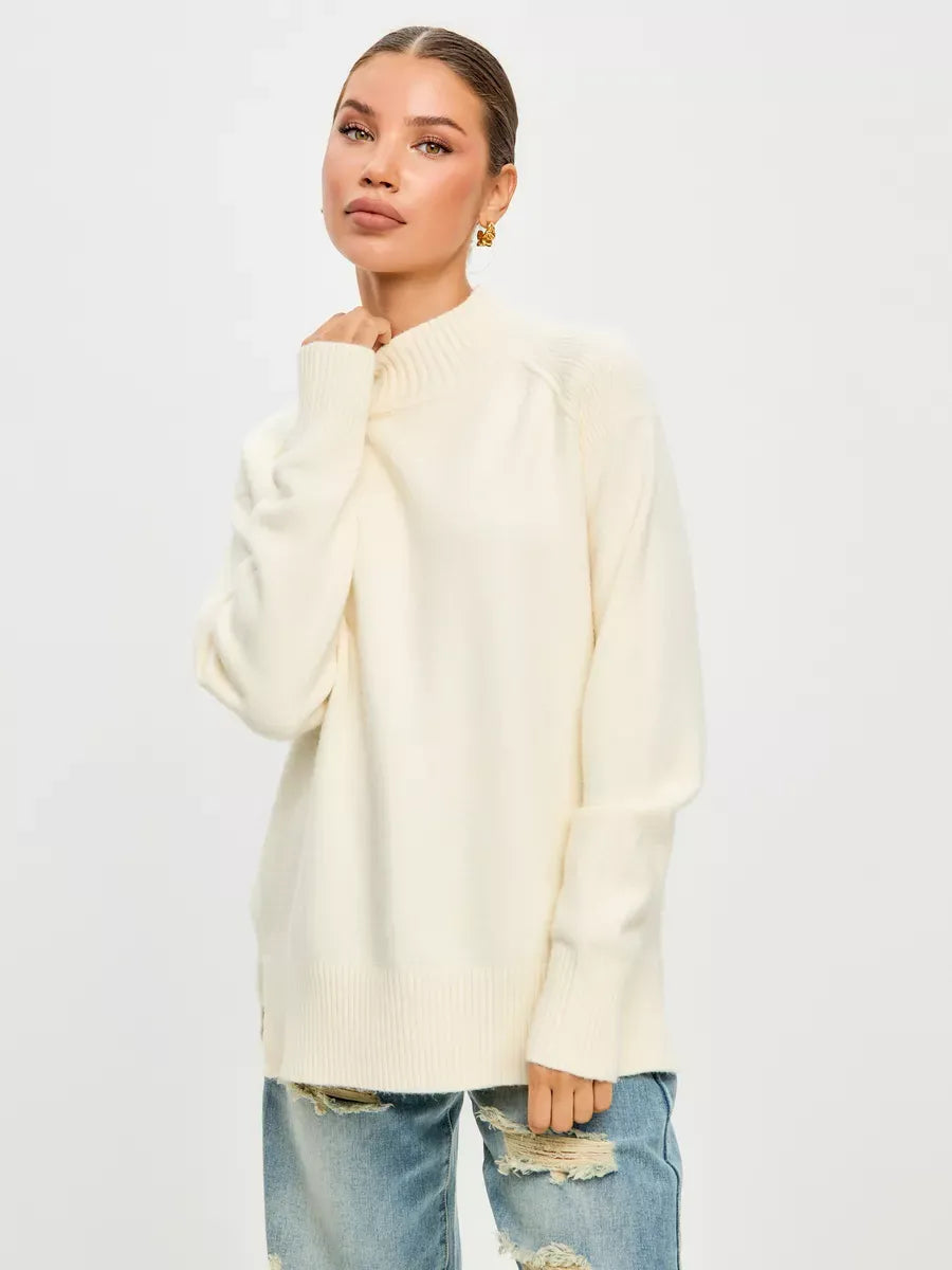 Luna Sweater by Lauven, oversized cashmere blend in ivory with high neck, perfect for fall and winter styling.