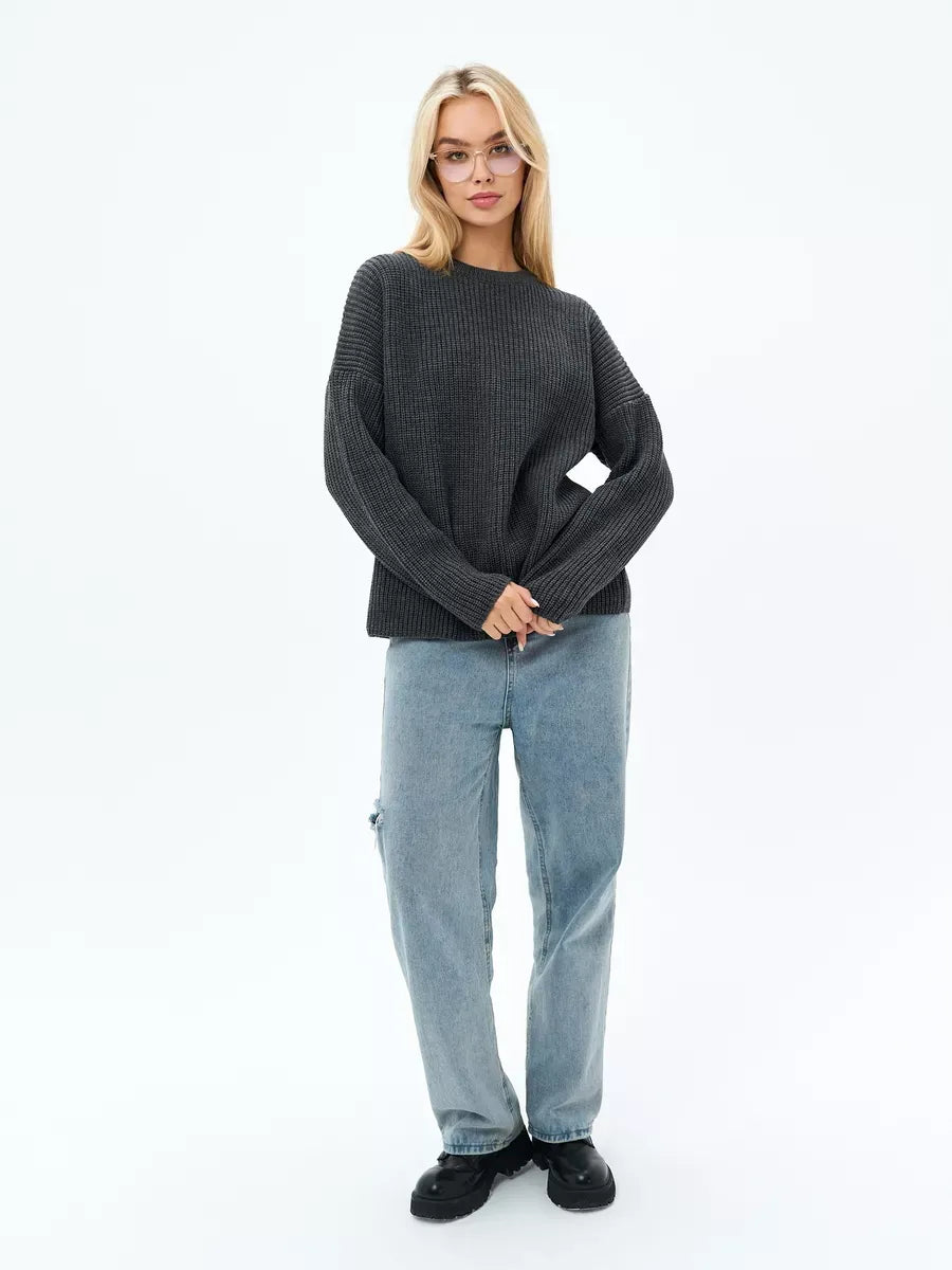 Luna Sweater by Lauven in oversized charcoal gray knit, featuring a relaxed silhouette and soft textured fabric.