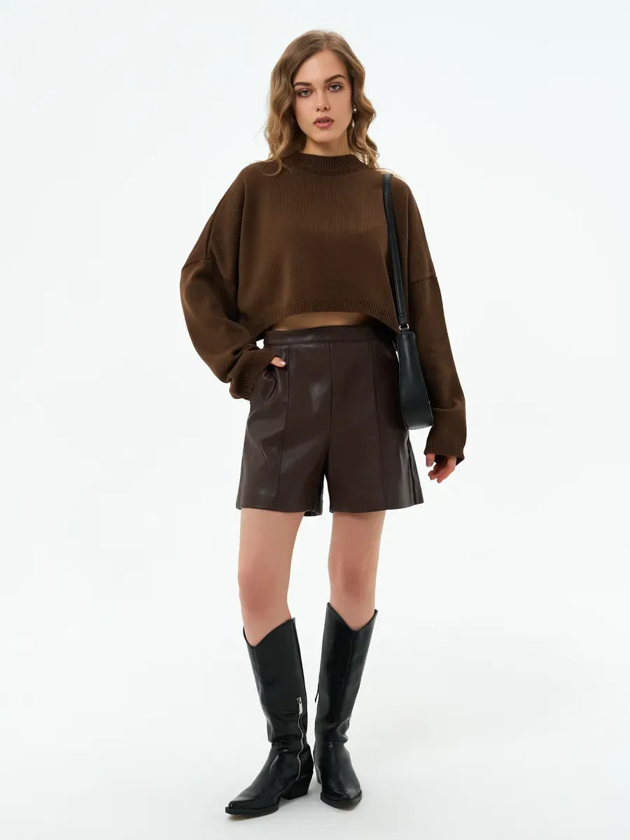 Mocha Sweater by Lauven—Cropped oversized knit in rich brown worn with shorts and boots.