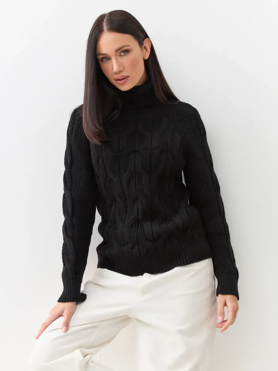 Noir Knitwear by Lauven — Women’s black chunky cable-knit turtleneck sweater, perfect for warmth and style.