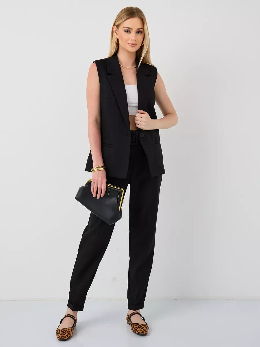 Noir Suit Set by Lauven featuring a sleeveless black vest and high-waist pants for a chic look.