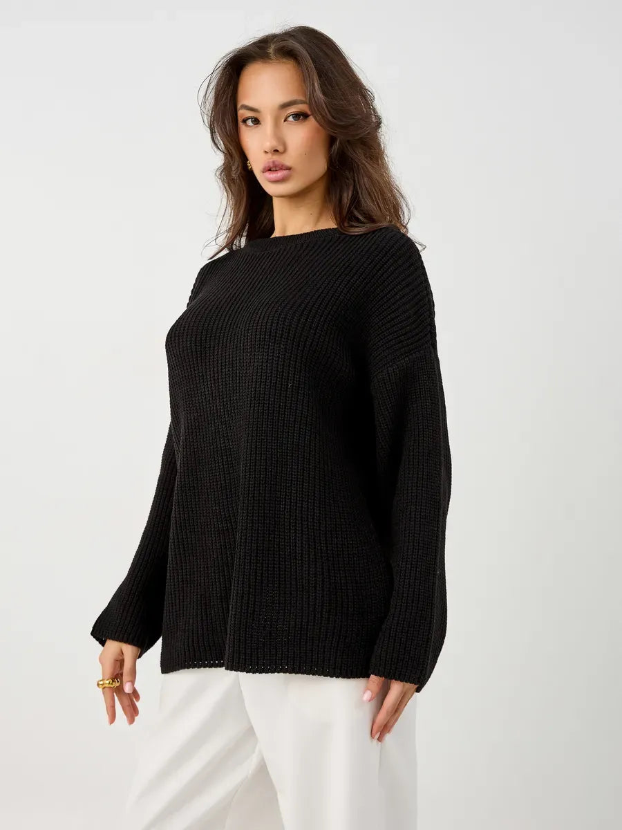Nola Sweater by Lauven, oversized black knit pullover with crew neck and ribbed texture for women.