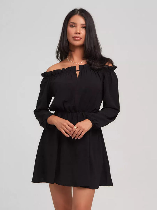 Nova Mini Dress by Lauven – Elegant off-shoulder black mini dress perfect for special occasions.