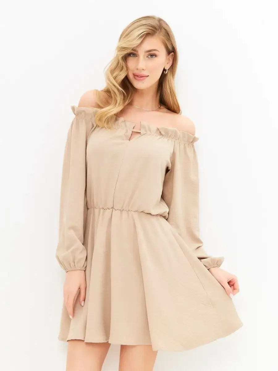 Nude Mini Dress by Lauven – Elegant off-shoulder beige mini dress perfect for versatile occasions.