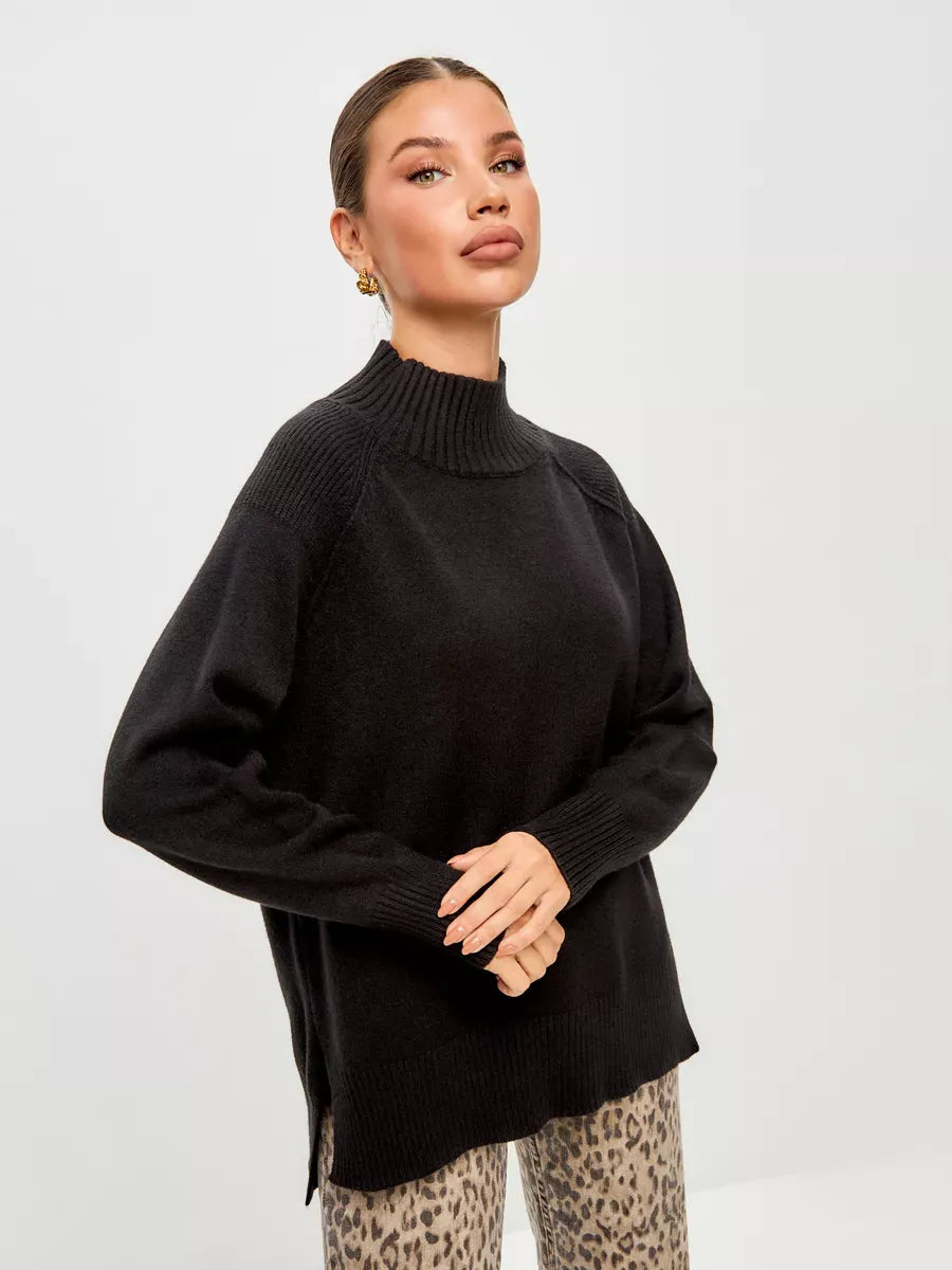Onyx Sweater by Lauven in oversized black cashmere blend with high neck, perfect for fall and winter style.