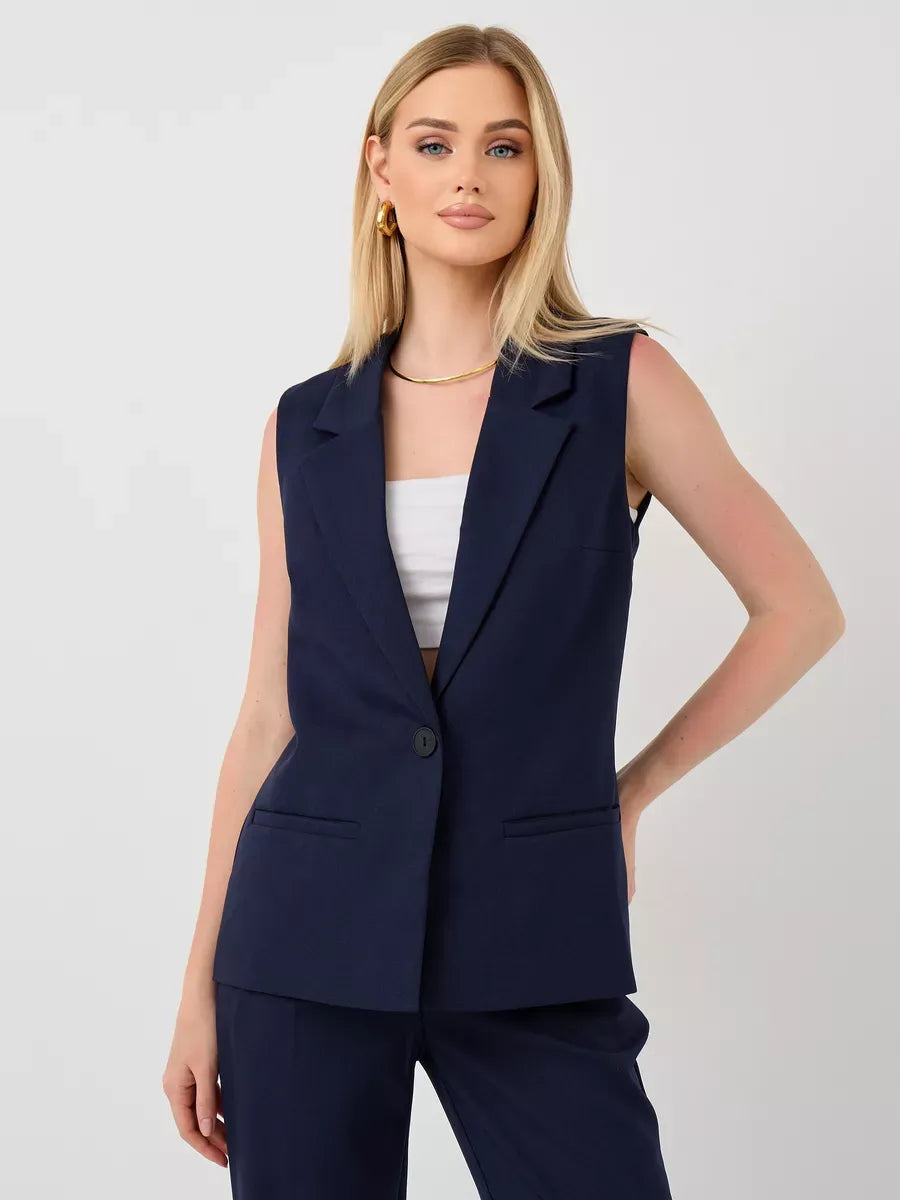Orion Suit Set by Lauven featuring a stylish sleeveless navy vest for modern women.