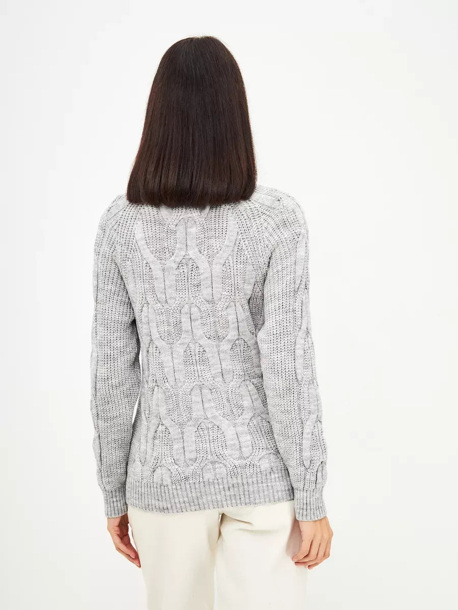 Osiris Sweater by Lauven, showcasing oversized cable knit design with high neck in soft gray from the back.