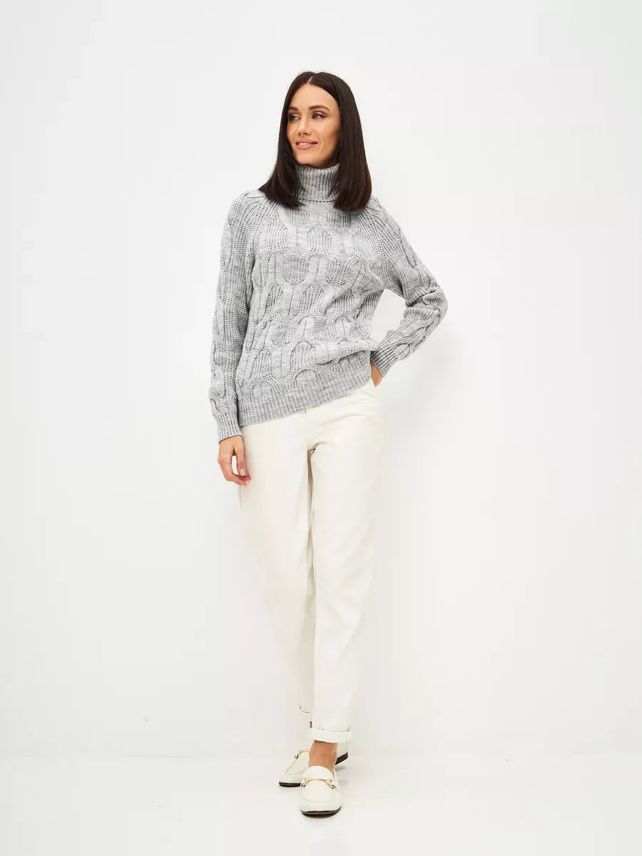 Osiris Sweater by Lauven, featuring oversized cable knit design and high neck in soft gray melange, perfect for elegance and comfort.