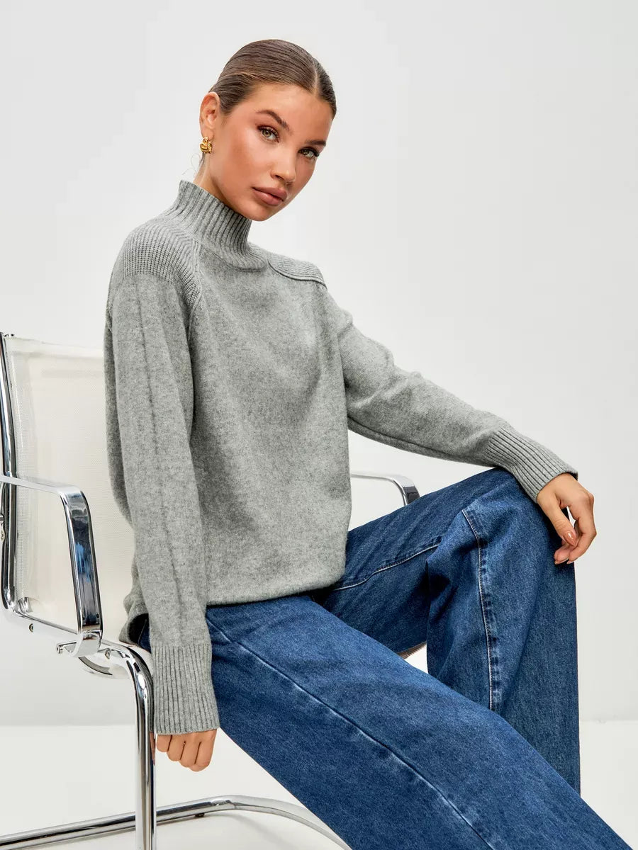 Sterling Sweater by Lauven, oversized cashmere blend in soft grey, featuring high ribbed neckline and elegant raglan sleeves.