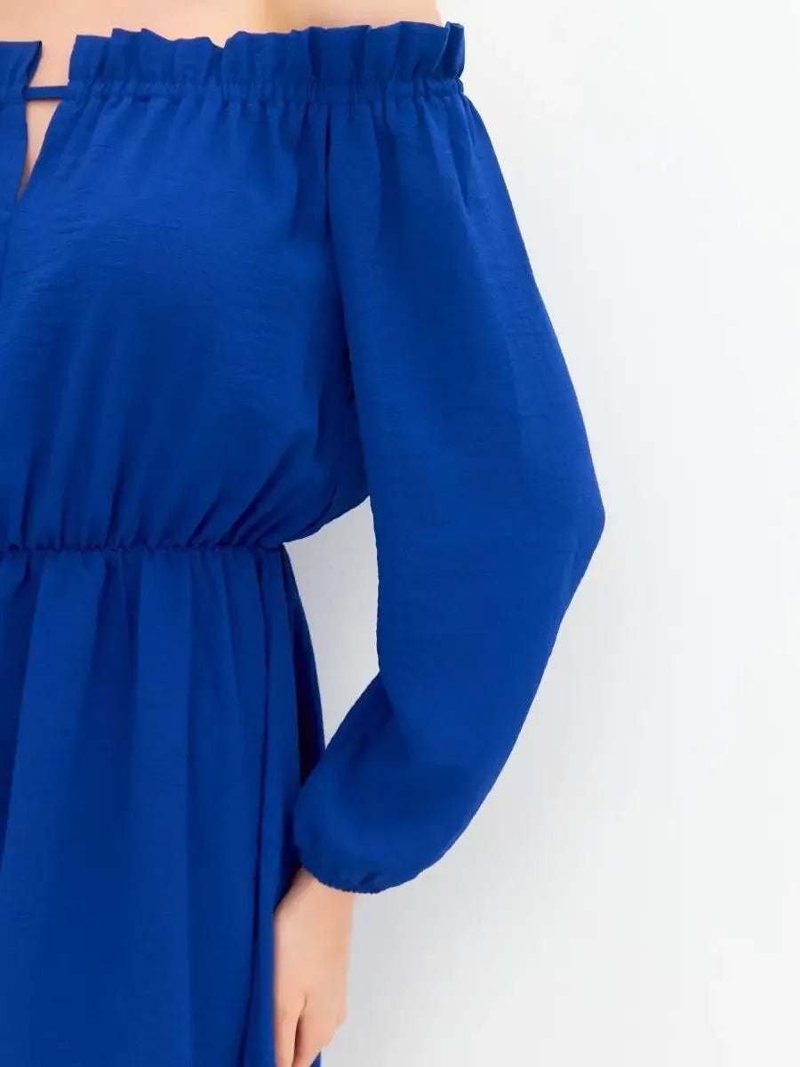 Sapphire Mini Dress by Lauven – Off-shoulder blue mini dress showcasing vibrant fabric and stylish design.