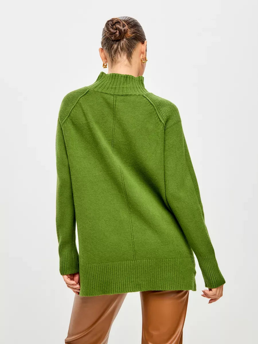 Siena Sweater by Lauven in green, showcasing a high neck and oversized design for women.