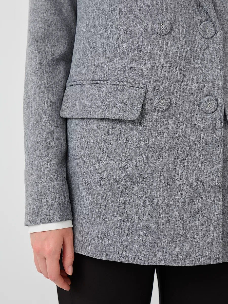 Close-up of Silverstone Blazer by Lauven, oversized double-breasted gray tailored jacket.