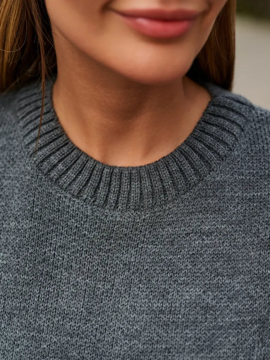 Slate Pullover by Lauven featuring a cozy round neckline in dark gray knit, perfect for layered looks in cooler weather.