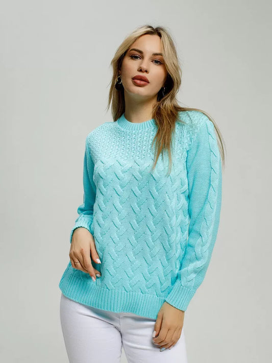 Soleil Sweater by Lauven in bright turquoise knit, showcasing breathable comfort and stylish design.