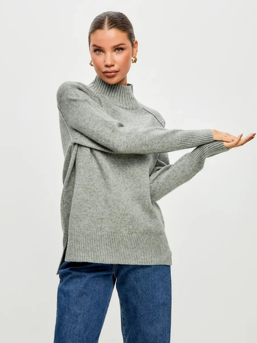 Sterling Sweater by Lauven - Oversized cashmere blend in soft grey with high ribbed neckline and elegance.