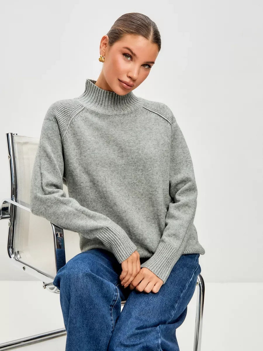 Sterling Sweater by Lauven in oversized cashmere blend, soft grey, showcasing high ribbed neckline and relaxed fit.