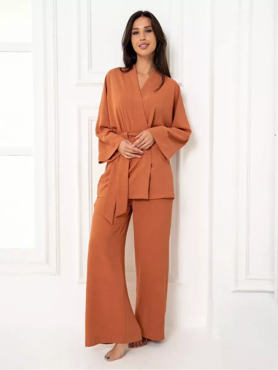 Terracotta Suit Set by Lauven, elegant oversized two-piece set in warm brown with wide-leg pants.