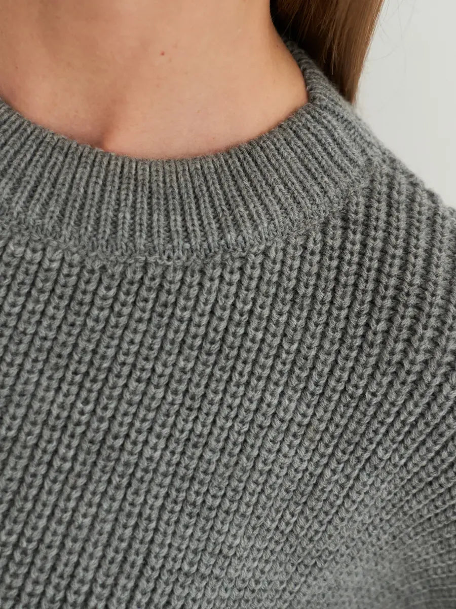 Vega Sweater by Lauven, grey oversized knitwear featuring a soft rib-knit and classic round neckline.