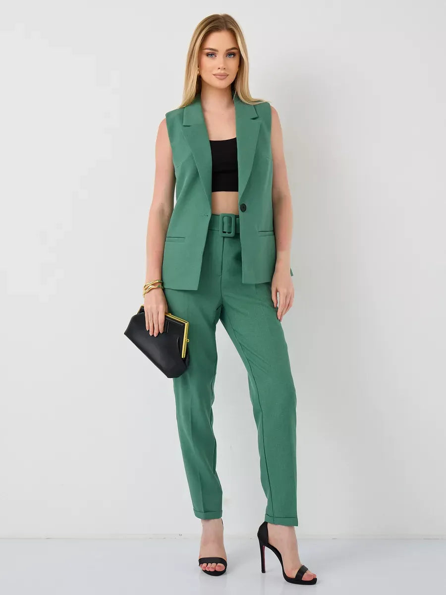 Verde Suit Set by Lauven, featuring a sleeveless green vest and high-waist pants for a stylish look.