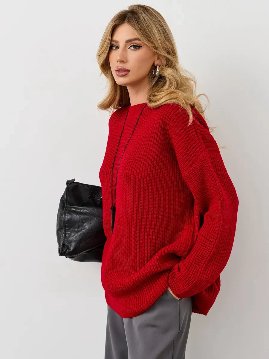 Viona Sweater by Lauven – oversized red knit pullover with crew neck and chunky ribbed texture.