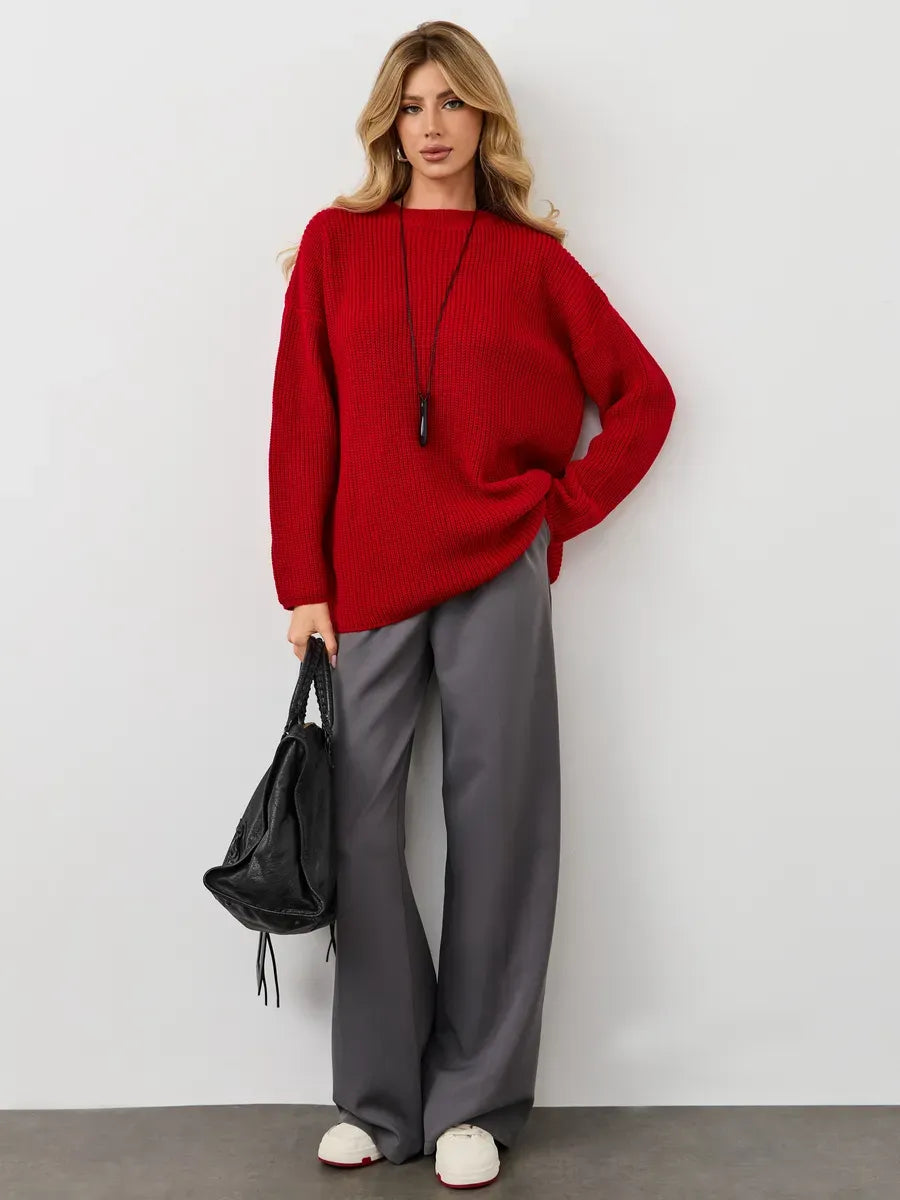 Viona Sweater by Lauven, oversized red knit pullover with crew neck, stylish women’s fashion for cooler seasons.