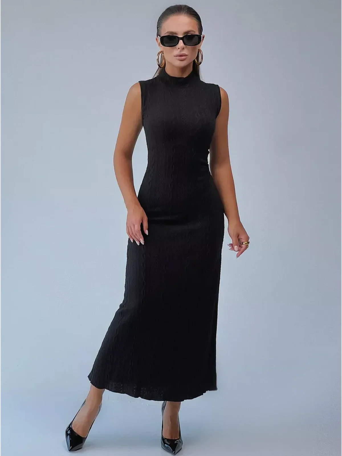 Leah Maxi Dress by Lauven - Black sleeveless bodycon gown with a high mock neck and floor-grazing hem.