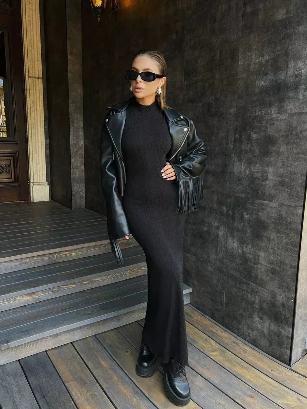 Leah Maxi Dress by Lauven - Black knit bodycon gown with slim fit and high mock neck.