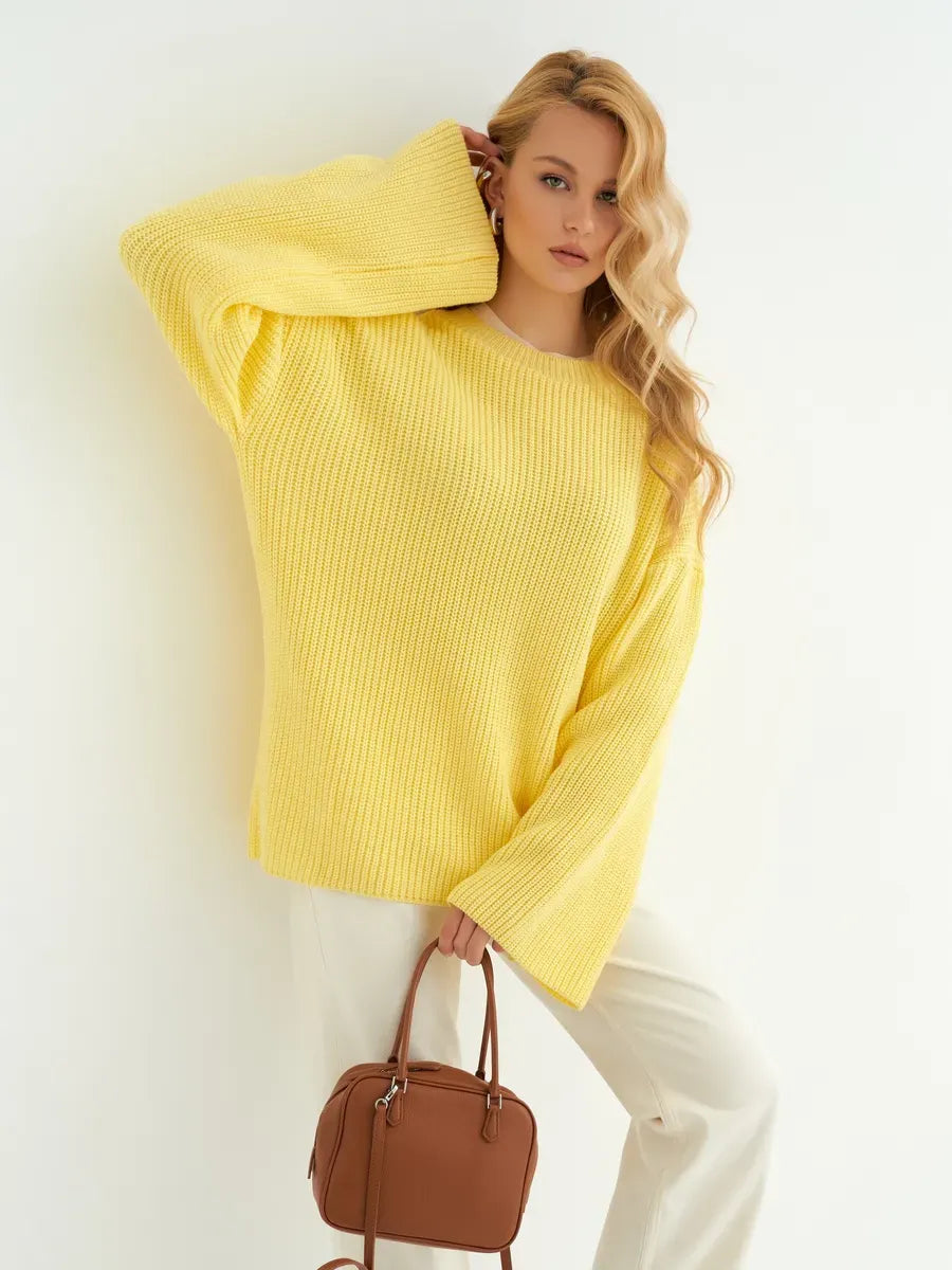 Lemonade Sweater by Lauven in soft lemon yellow, oversized knit with wide sleeves, perfect for comfort and style.