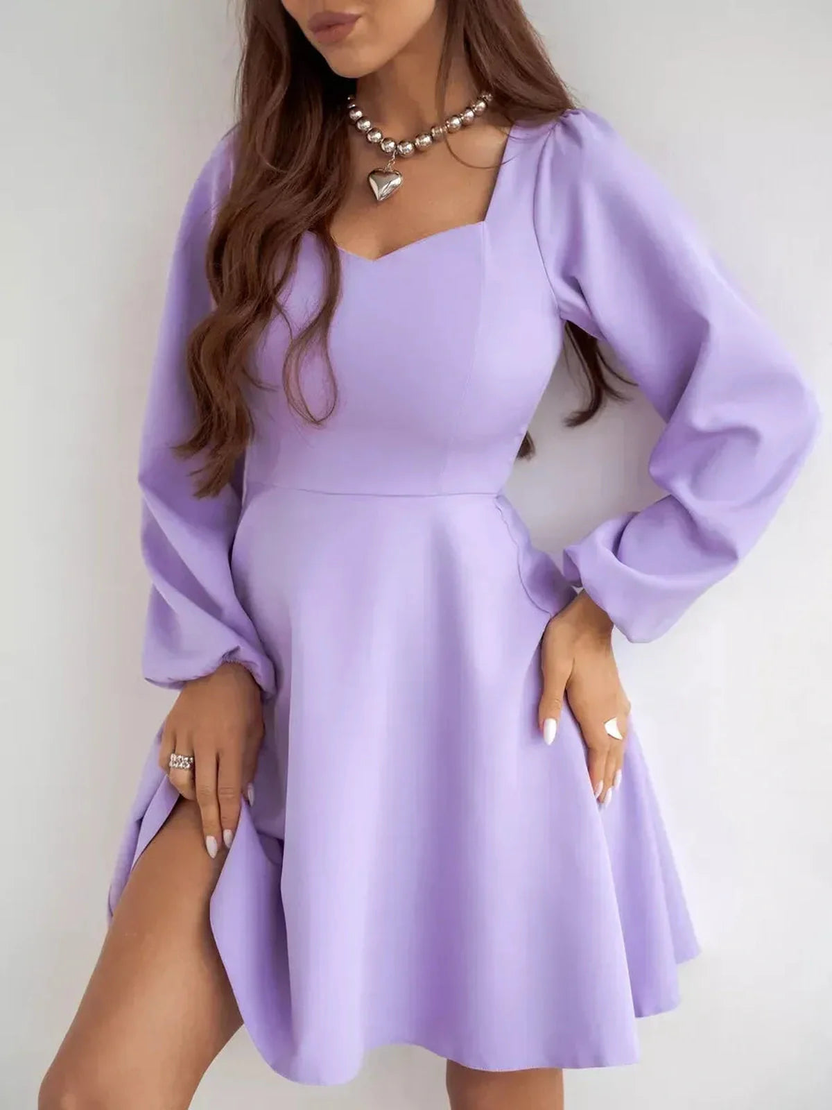 Lilac Mini Dress by Lauven – Long sleeve cocktail dress with sweetheart neckline and flared skirt.