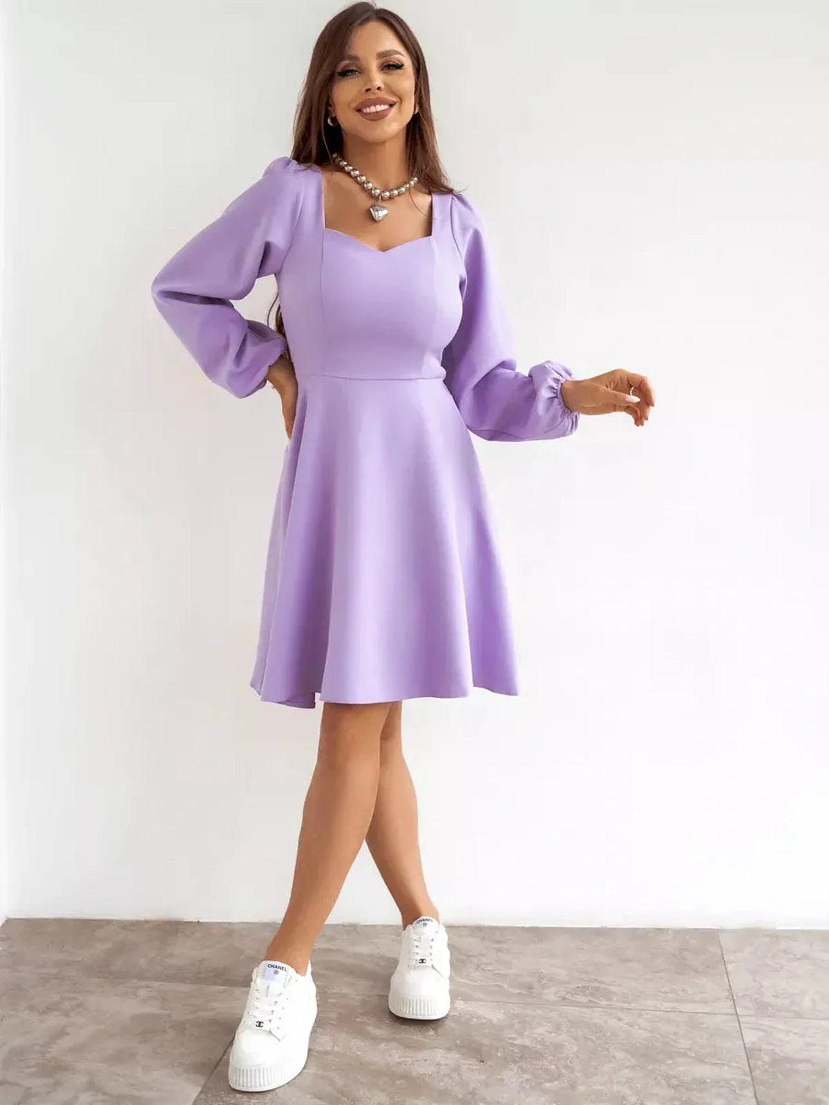 Lilac Mini Dress by Lauven – Long sleeve cocktail dress with flared skirt and sweetheart neckline.