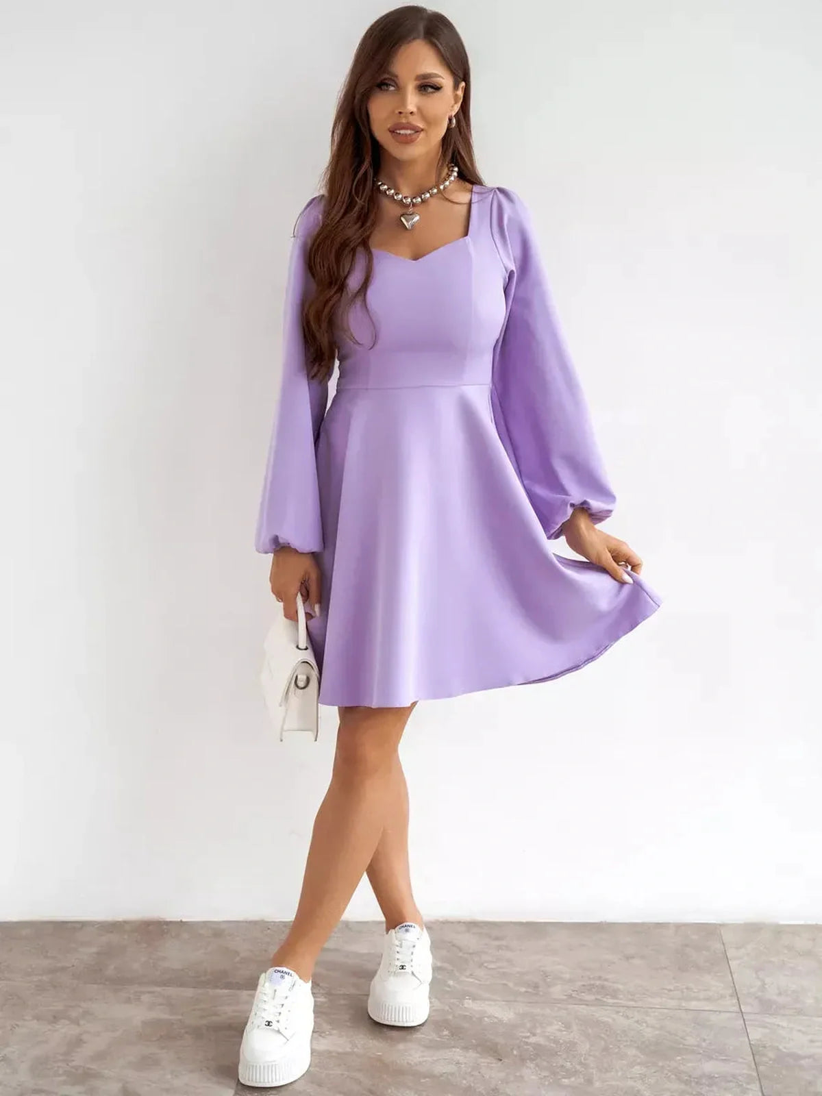 Lauven Lilac Mini Dress - Long Sleeve Cocktail Dress with Sweetheart Neckline and Flared Skirt