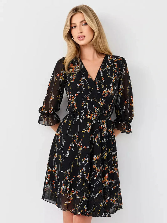 Lotus Mini Dress by Lauven - Black floral wrap dress with a deep V-neckline and 3/4 puff sleeves.