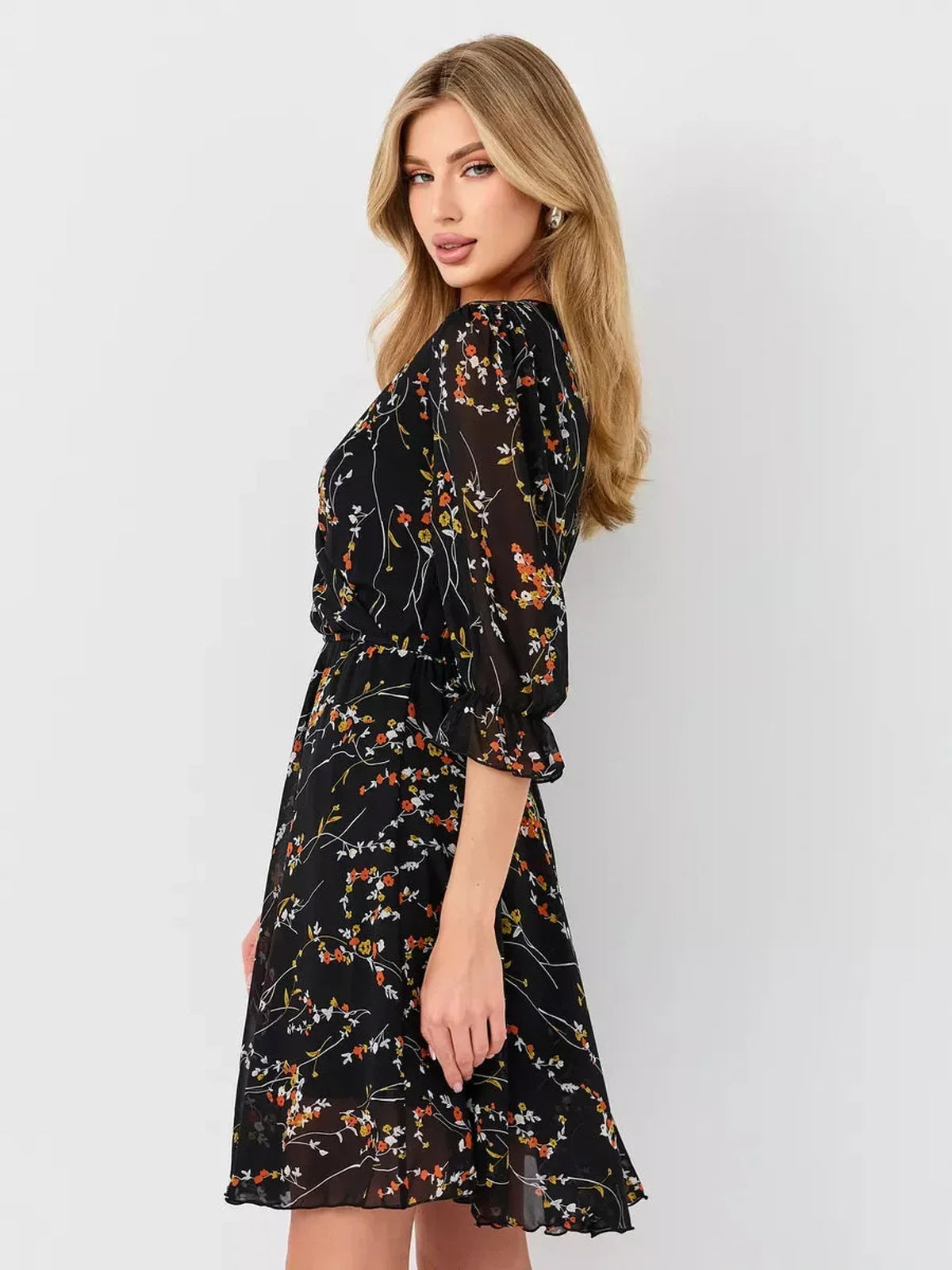 Lotus Mini Dress by Lauven, black floral wrap dress with puff sleeves and waist tie, perfect for any occasion.